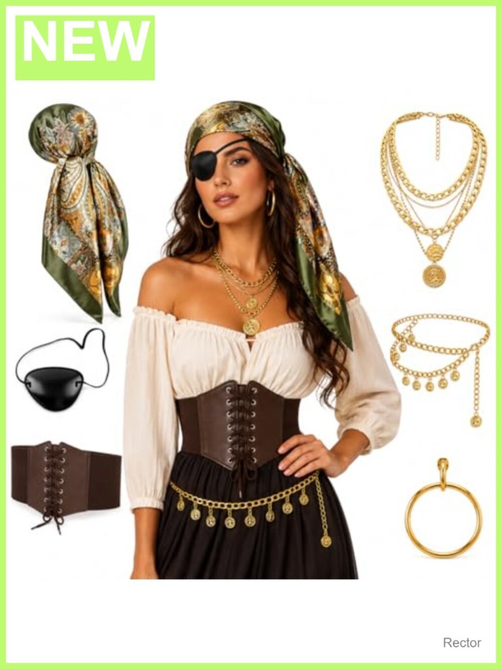 6PCS Pirate Costume Accessories Set Satin Scarf Corset Necklace Waist Chain Eye